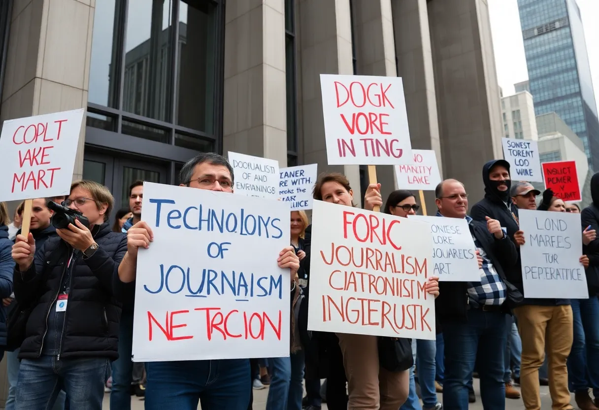 Journalists protesting against AI integration outside Business Insider headquarters.