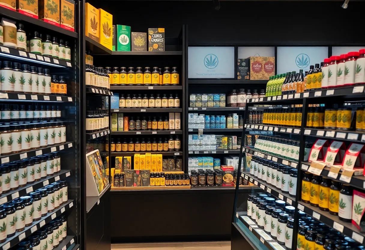 Cannabis retail products displayed for compliance with tracking system regulations