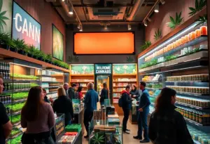 A busy cannabis retail store in New York City filled with customers and cannabis products.