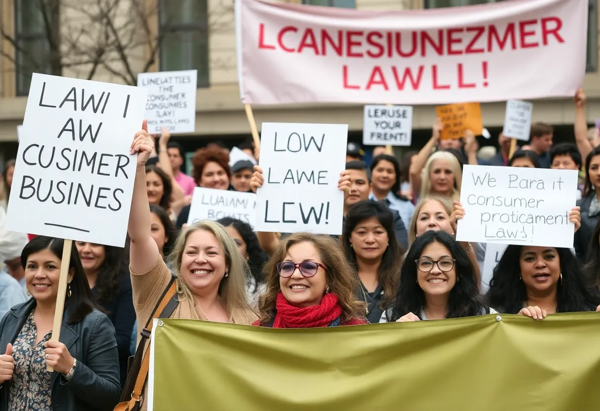 People celebrating the enactment of the consumer protection law