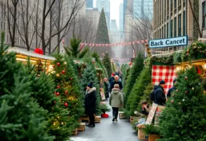 Vendors selling Christmas trees in a busy New York City market.
