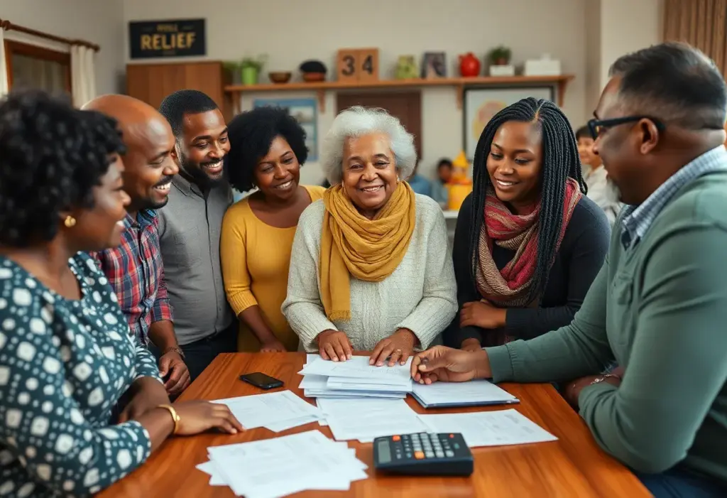 Diverse individuals discussing finances related to inflation refunds.