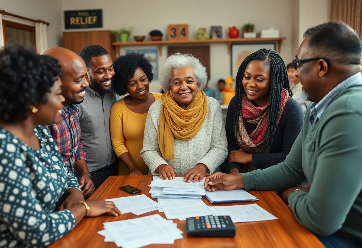 Diverse individuals discussing finances related to inflation refunds.