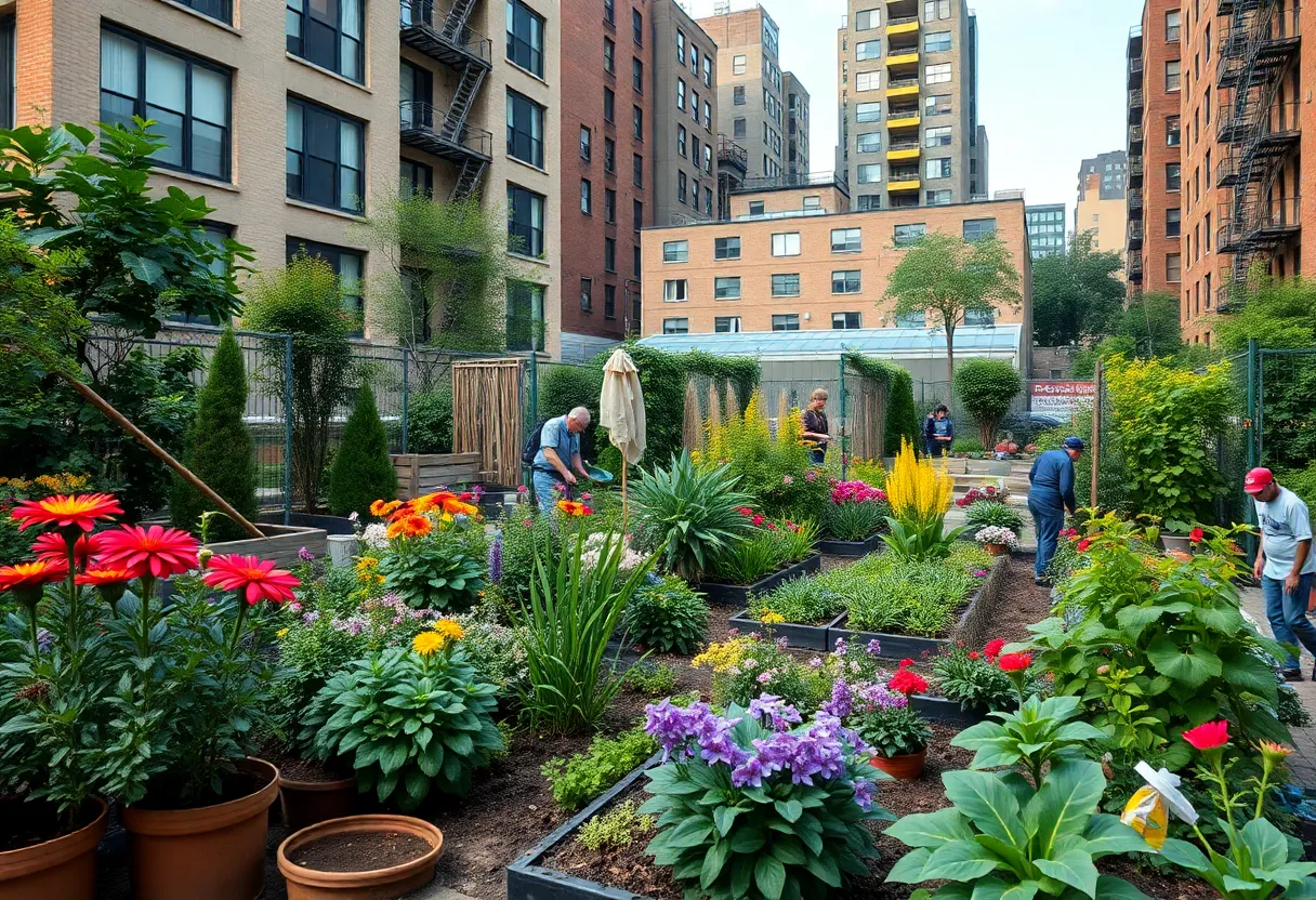 Urban community garden in New York City with diverse plants and people gardening