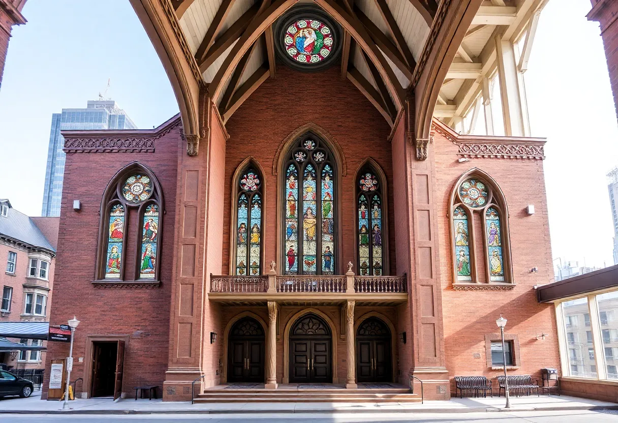 A historic church transformed into a modern residence featuring stained glass and unique architecture.