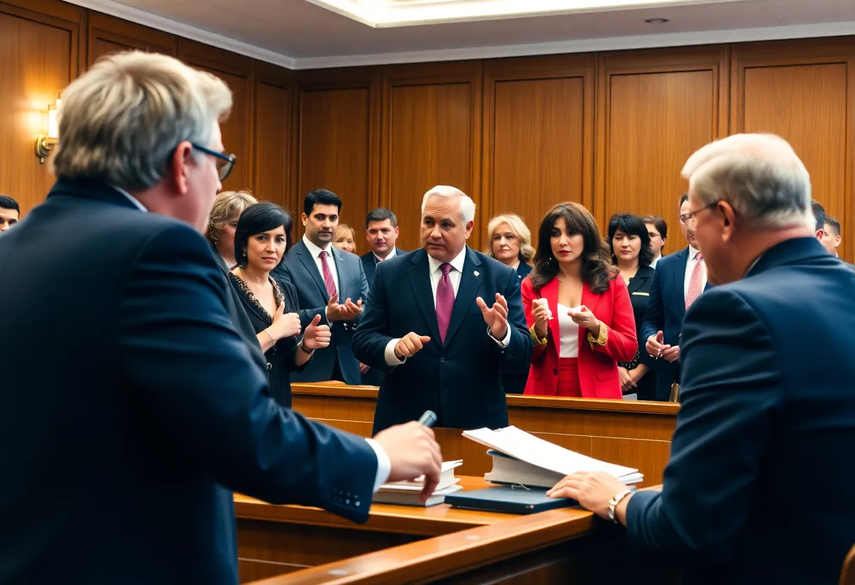 Lawyers engaged in a courtroom debate during a high-profile case.