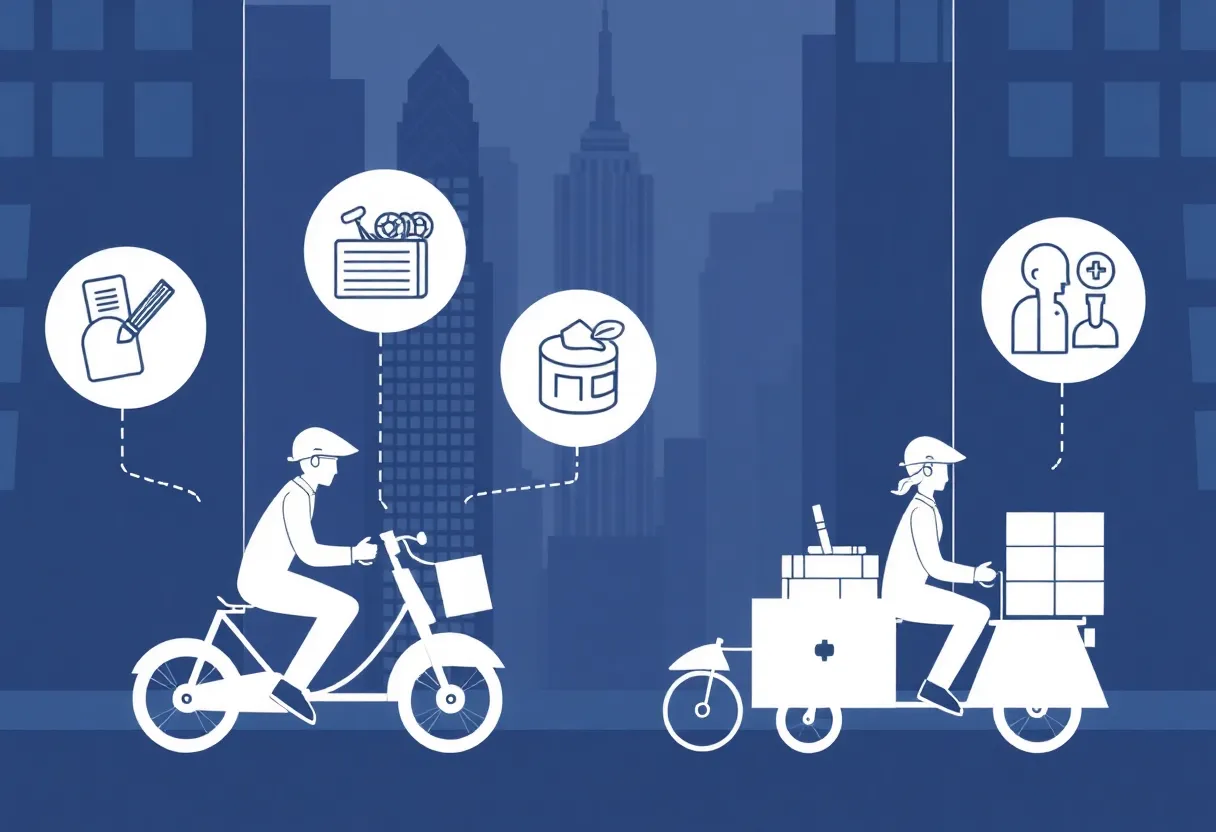 Illustration showing food delivery services and tipping regulations in New York City