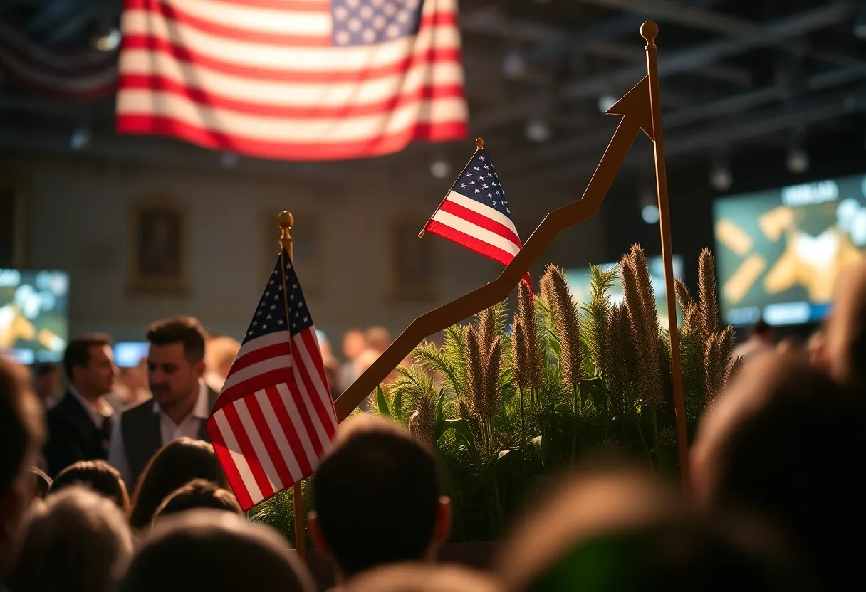 Imagery representing economic growth and tariff policies in a rally atmosphere