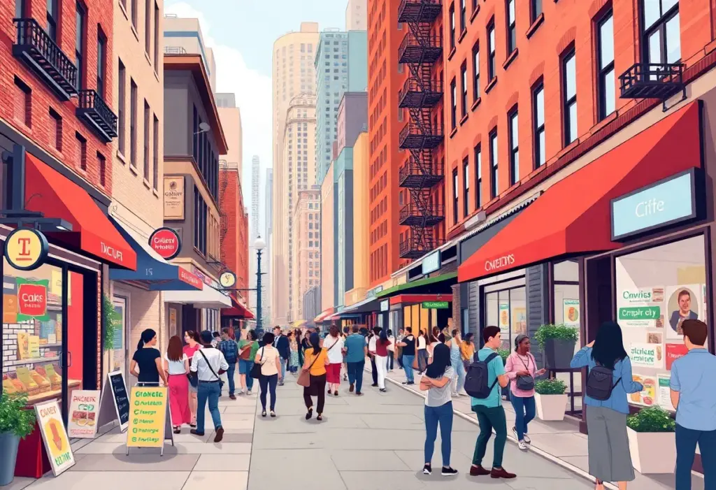 New York City street scene with local businesses and data analytics representation