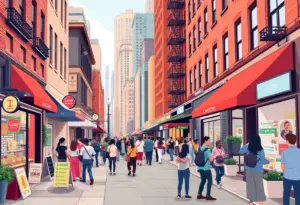New York City street scene with local businesses and data analytics representation