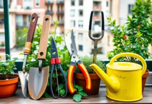 A variety of essential gardening tools laid out for urban gardening