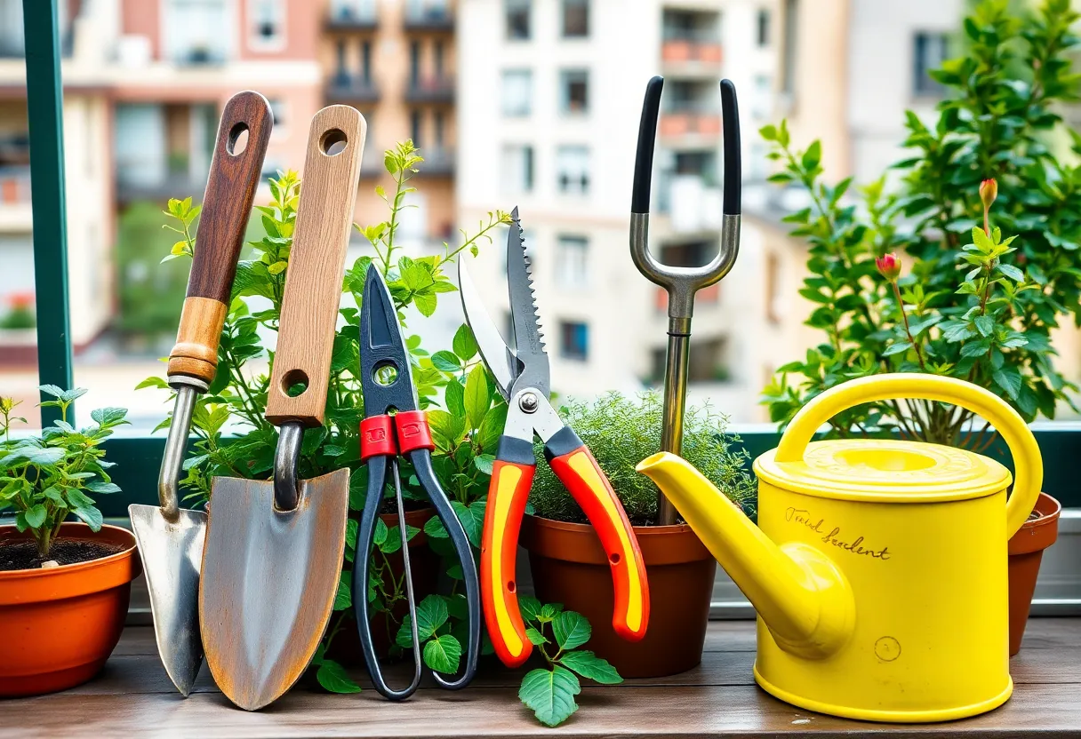 A variety of essential gardening tools laid out for urban gardening