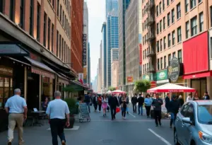 Pedestrians in Manhattan enjoying a busy shopping area