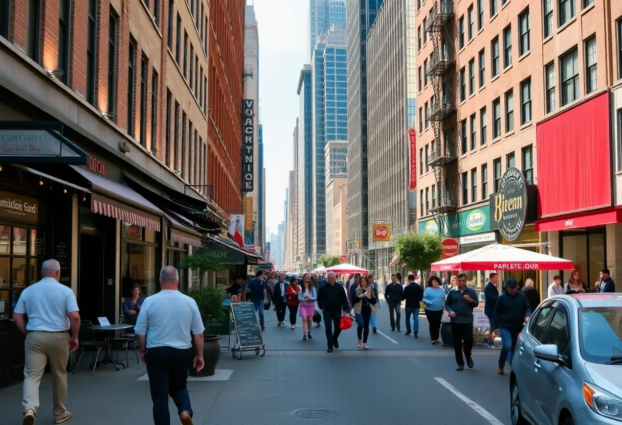 Pedestrians in Manhattan enjoying a busy shopping area