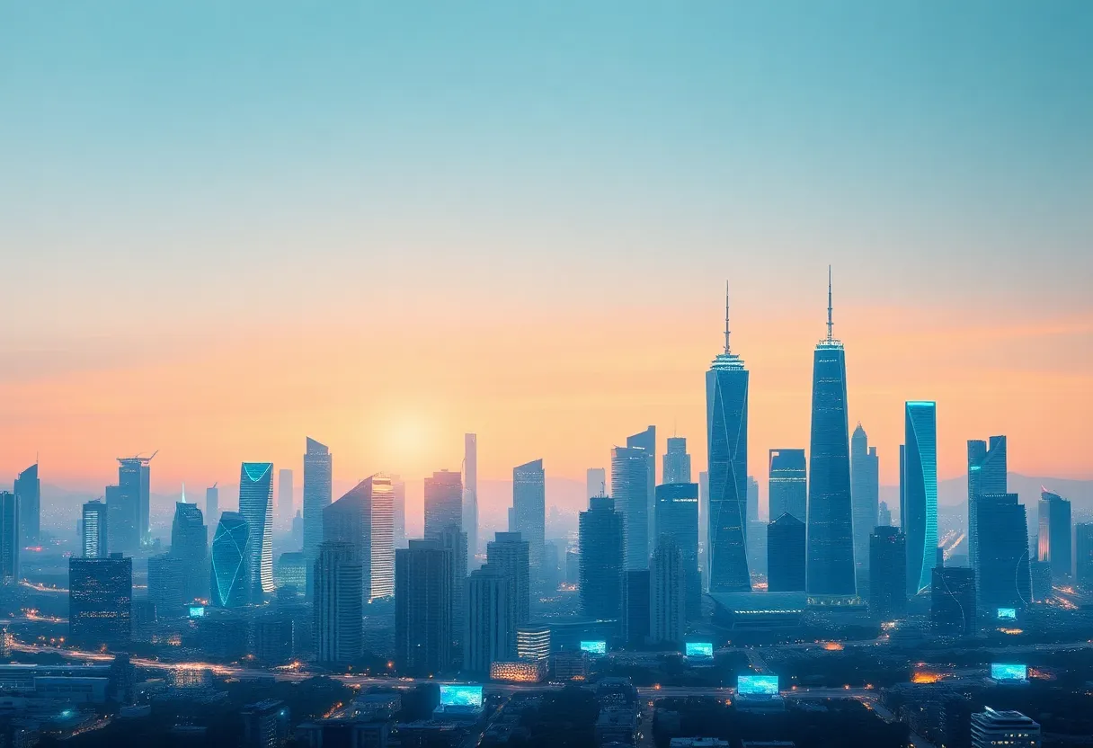 Futuristic city skyline representing artificial intelligence.