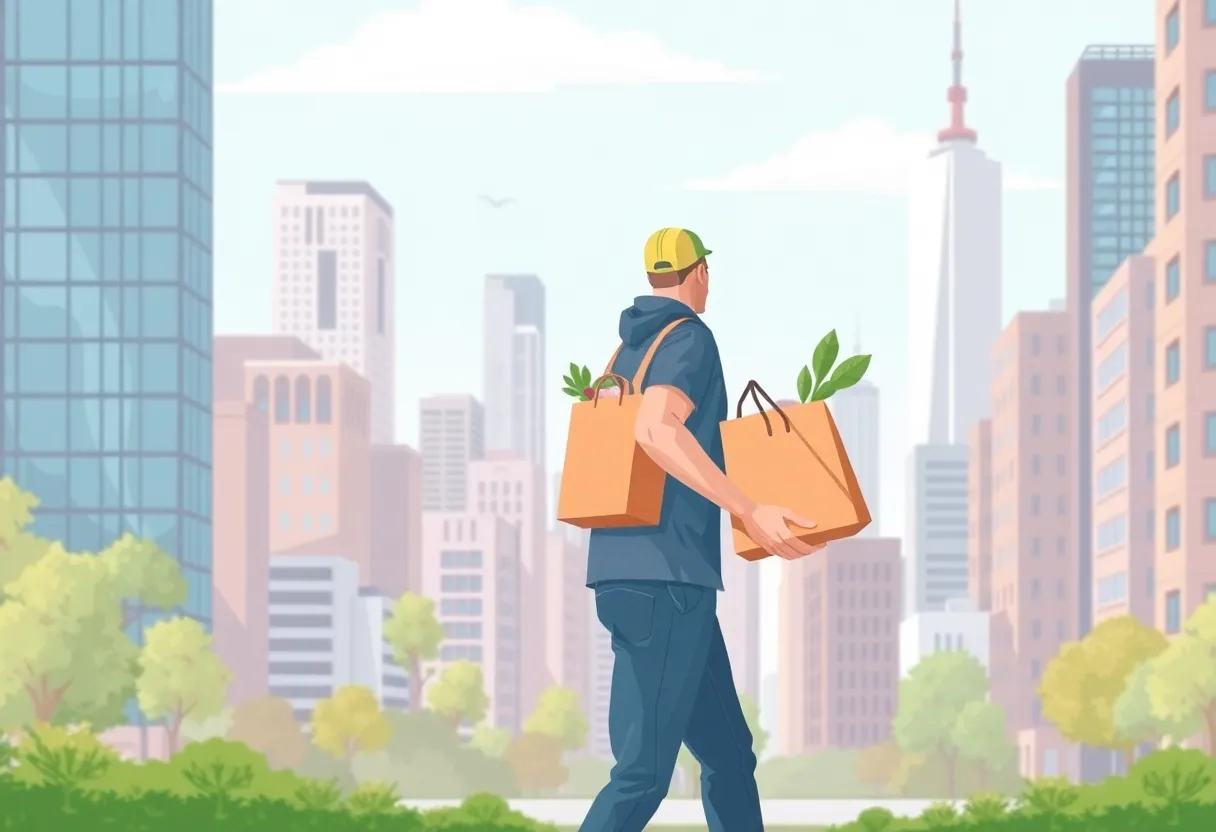 Illustration of a grocery delivery person in New York City