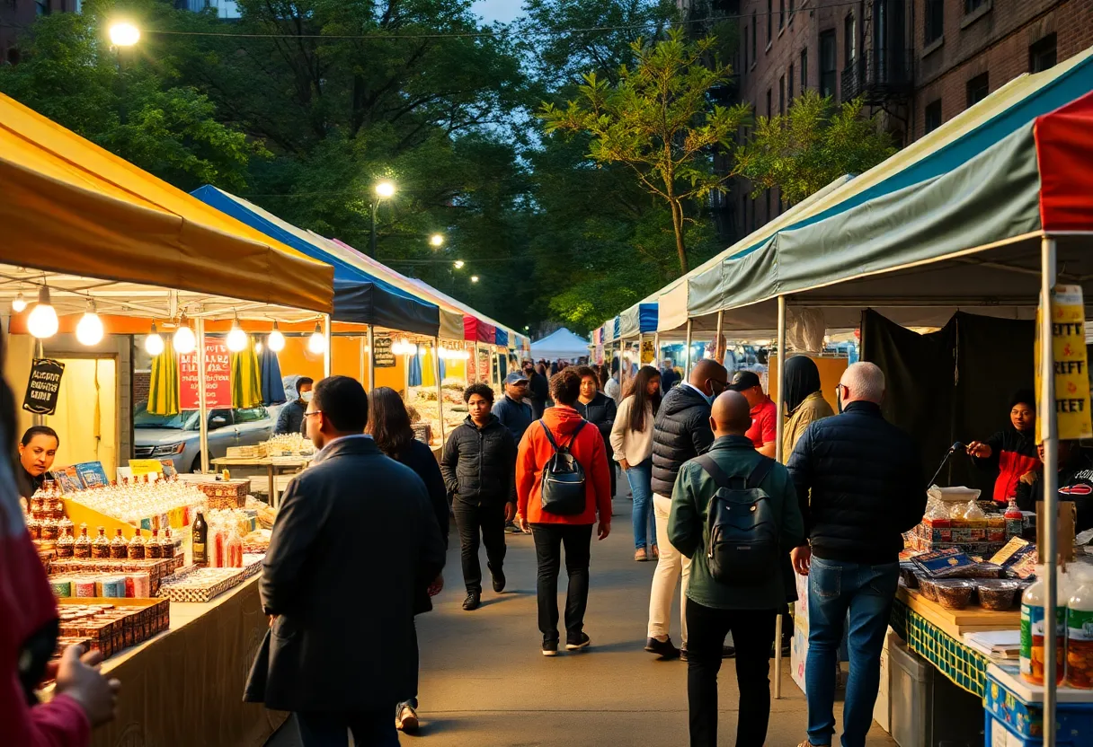 Vendors at Harlem Night Market showcasing products to customers.