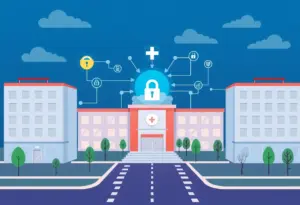 Illustration of cybersecurity in healthcare, featuring hospitals and digital protection symbols.