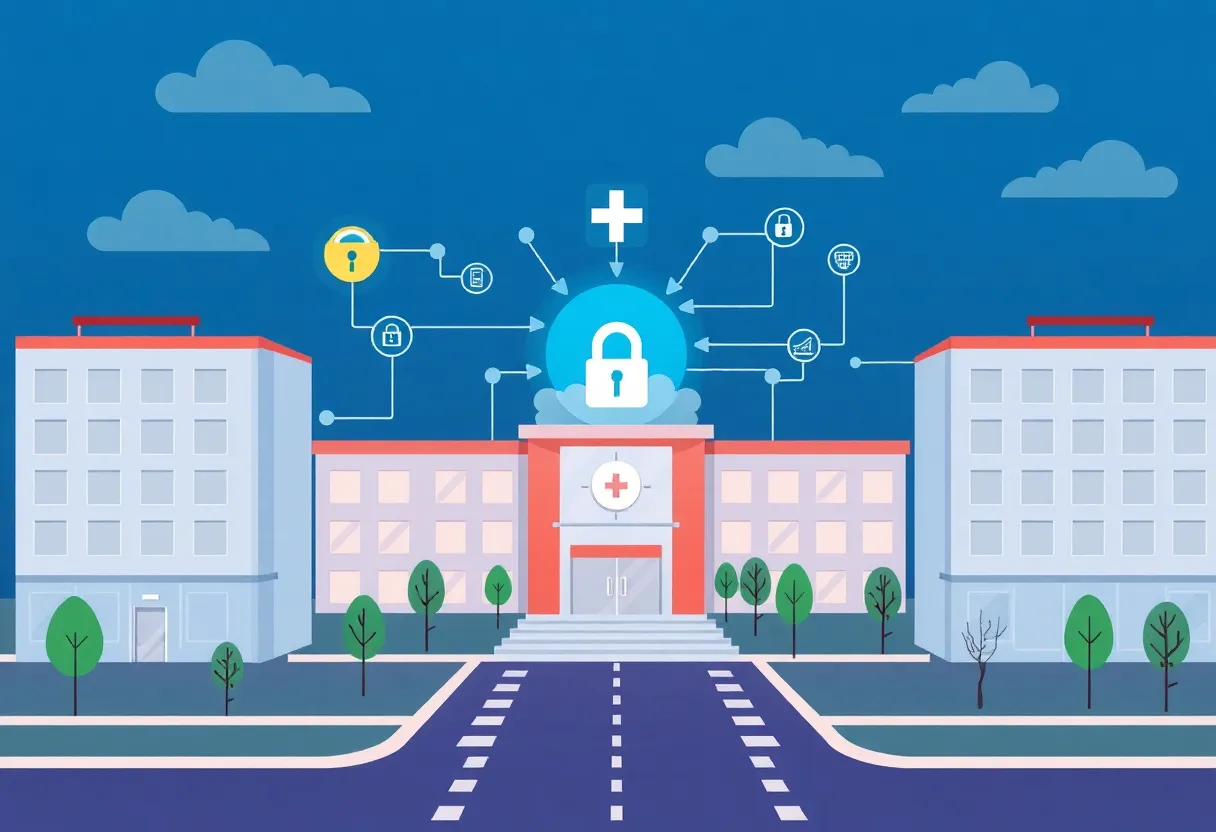 Illustration of cybersecurity in healthcare, featuring hospitals and digital protection symbols.