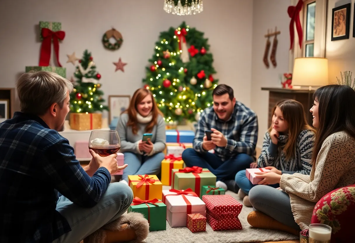 Family enjoying a cozy holiday gathering with gifts around them