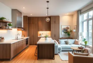 Renovated kitchen and living room in a New York home