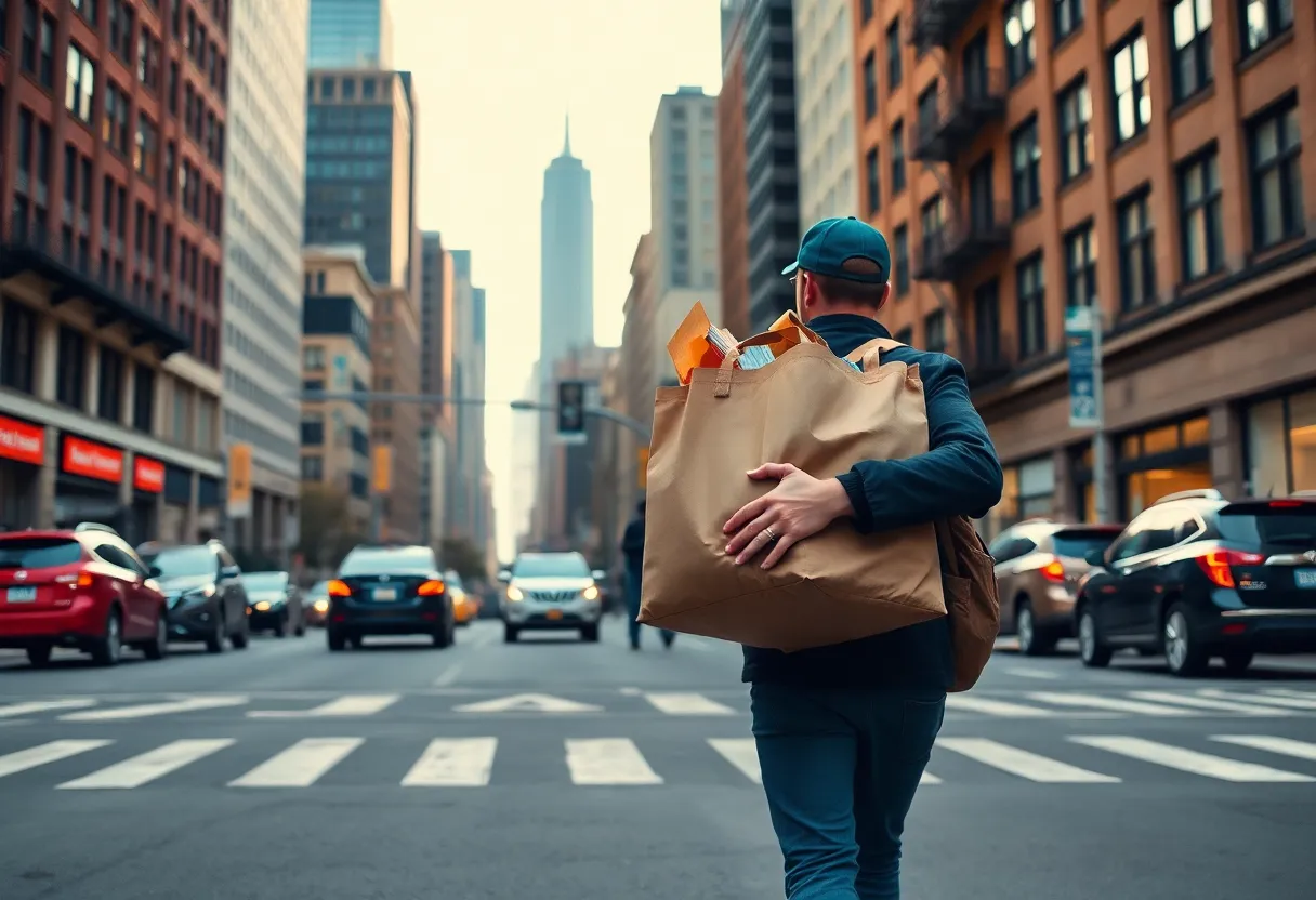 Grocery delivery worker in NYC with skyline in background