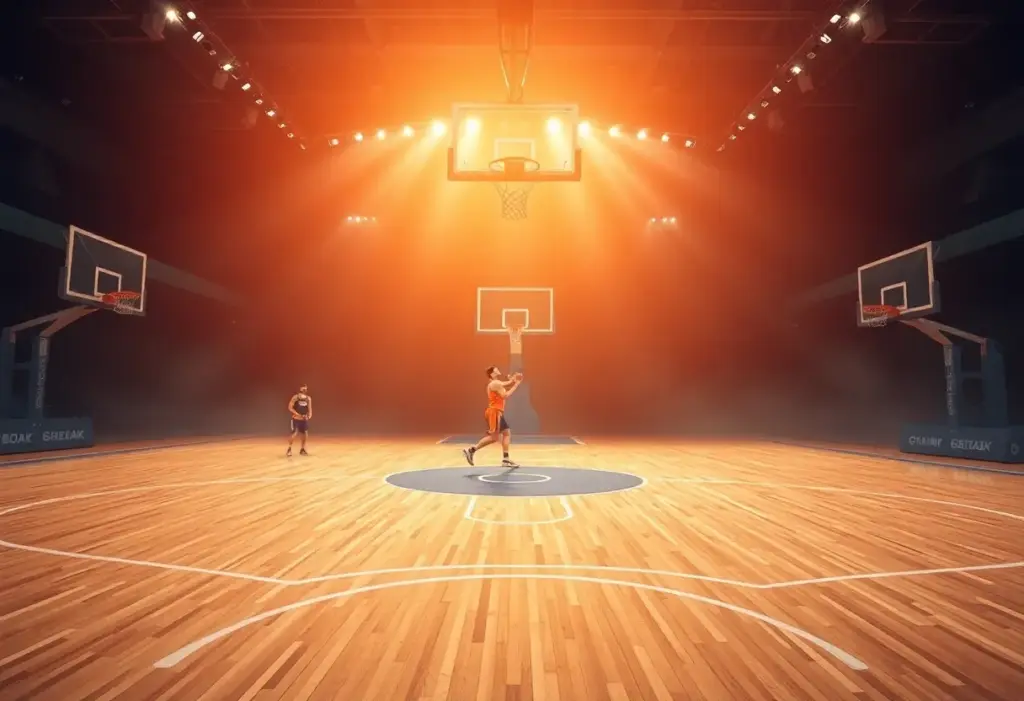 Basketball court highlighting a player in action showcasing teamwork and leadership.