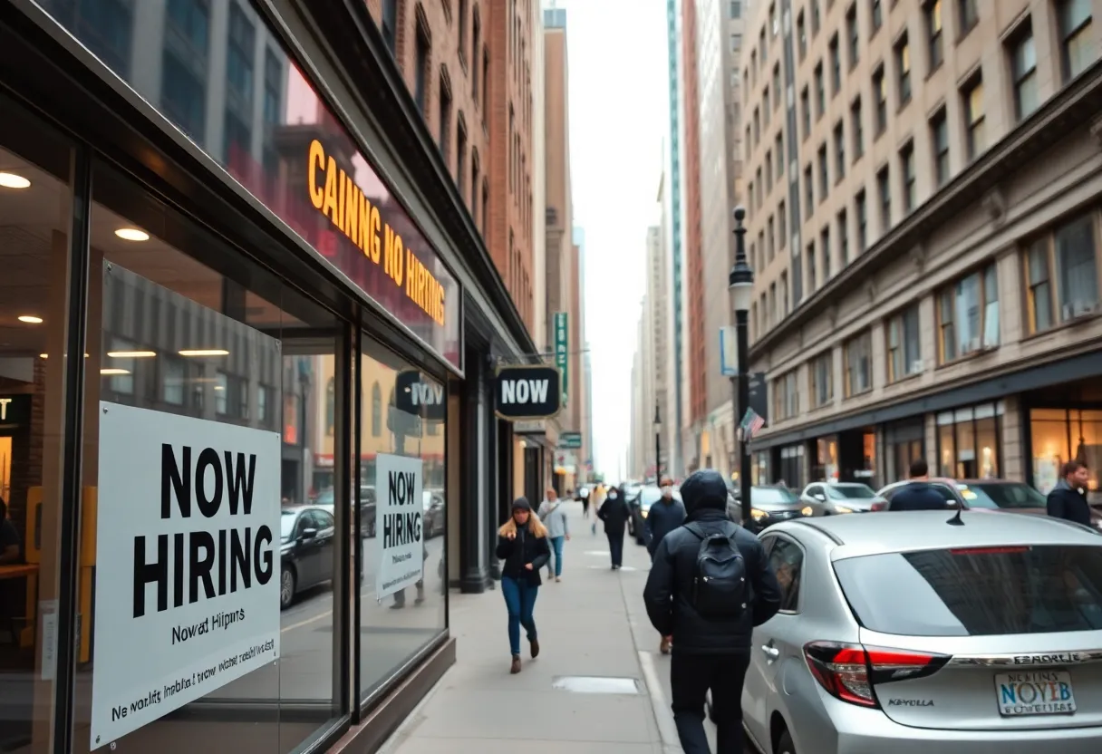 New York City street with 'Now Hiring' signs