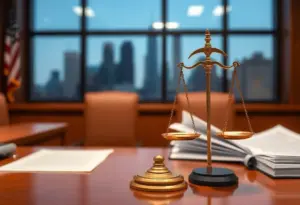 Justice scales in a New York courtroom representing legal challenges.