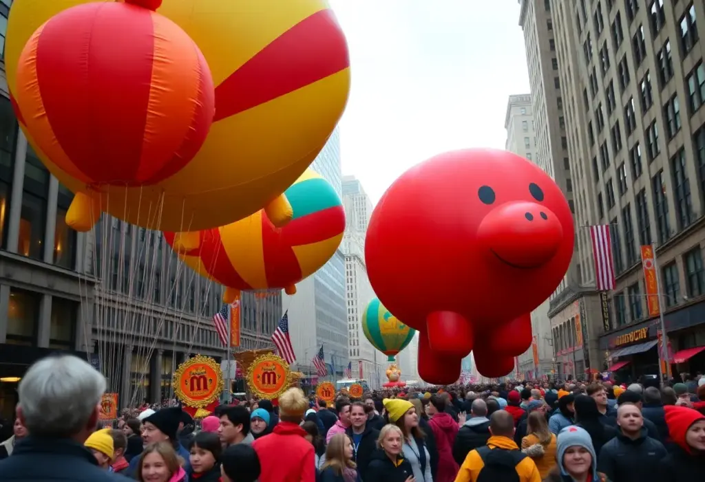 Vibrant balloons and floats at the Macy's Thanksgiving Day Parade in New York City.