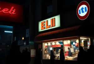 A bustling deli at night in New York City