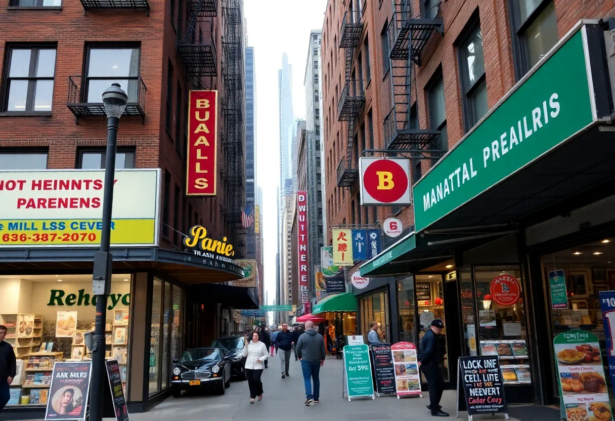 A lively street in Manhattan filled with various small businesses and customers interacting.