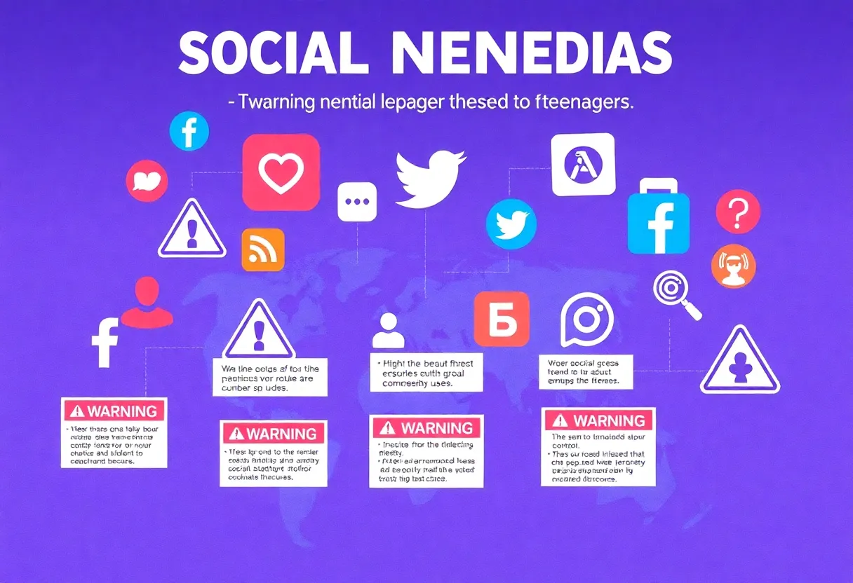 Graphic showing warning labels about mental health risks on popular social media platforms.