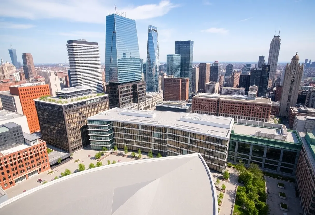 Aerial view of Brookfield Place, Lower Manhattan with modern office buildings.