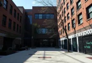 Empty pathways of The New School campus reflecting financial challenges