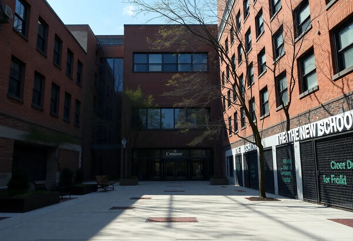 Empty pathways of The New School campus reflecting financial challenges