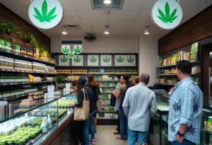 A New York cannabis dispensary with customers inside