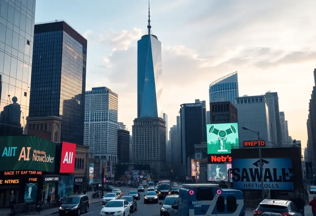 New York City skyline with technology and AI elements