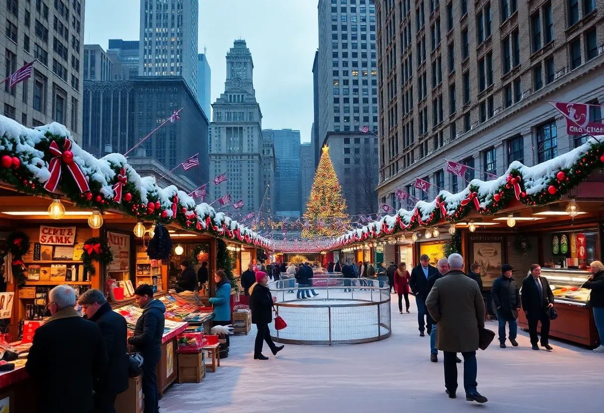 Festive atmosphere of a holiday market in New York City with vendor stalls and visitors.