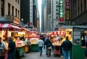 Vibrant street vendors in New York City offering food and goods
