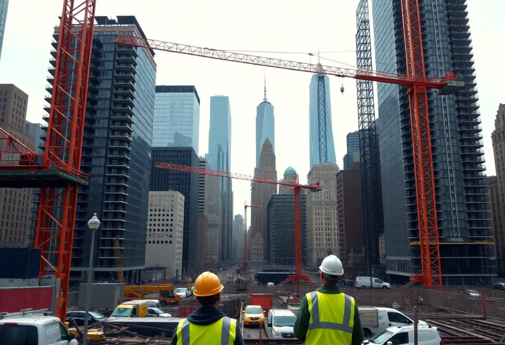 Busy construction site in New York City with cranes and workers.