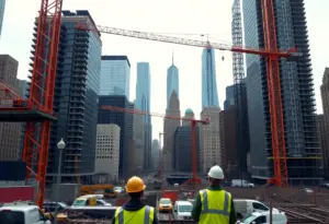 Busy construction site in New York City with cranes and workers.