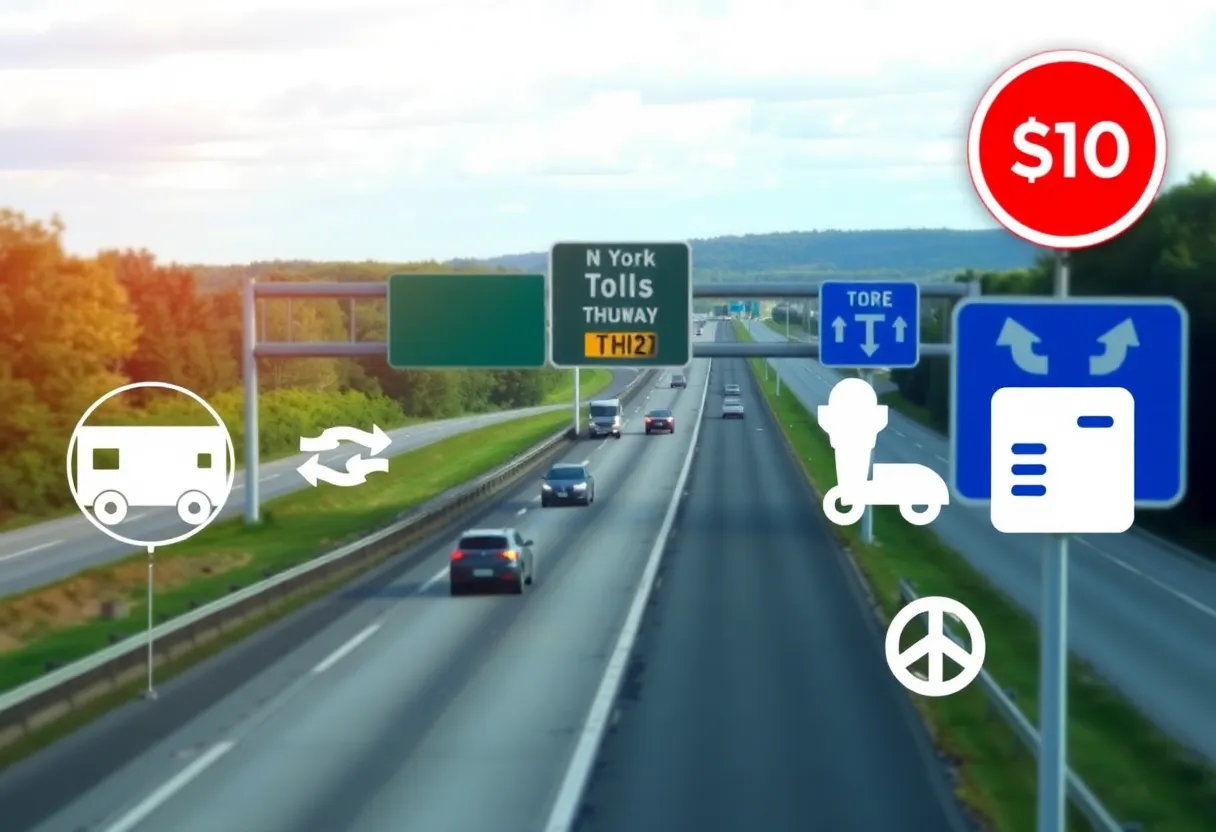 Toll signs on the New York State Thruway highlighting new surcharge proposal
