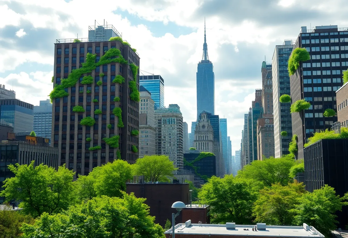 A view of New York City integrating green elements for sustainability and environmental protection.