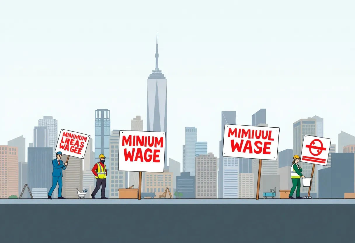 New York City skyline featuring workers representing different industries under a new minimum wage increase.