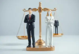 Abstract representation of labor disputes and business struggles with symbolic figures.