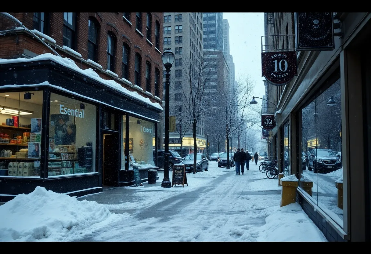 New York City during a winter storm with storefronts selling essential goods.