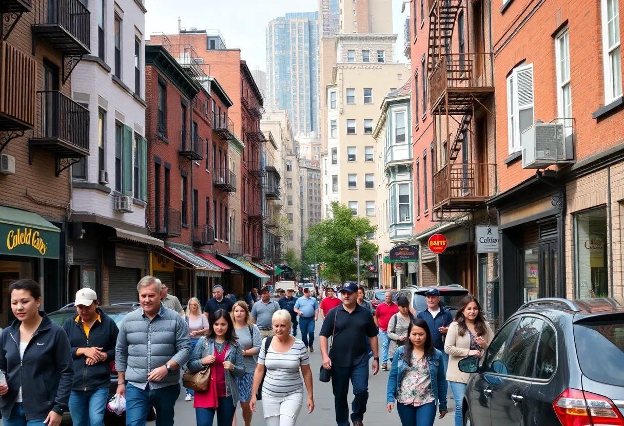 A vibrant street in New York City demonstrating the mix of affordable and high-end housing.
