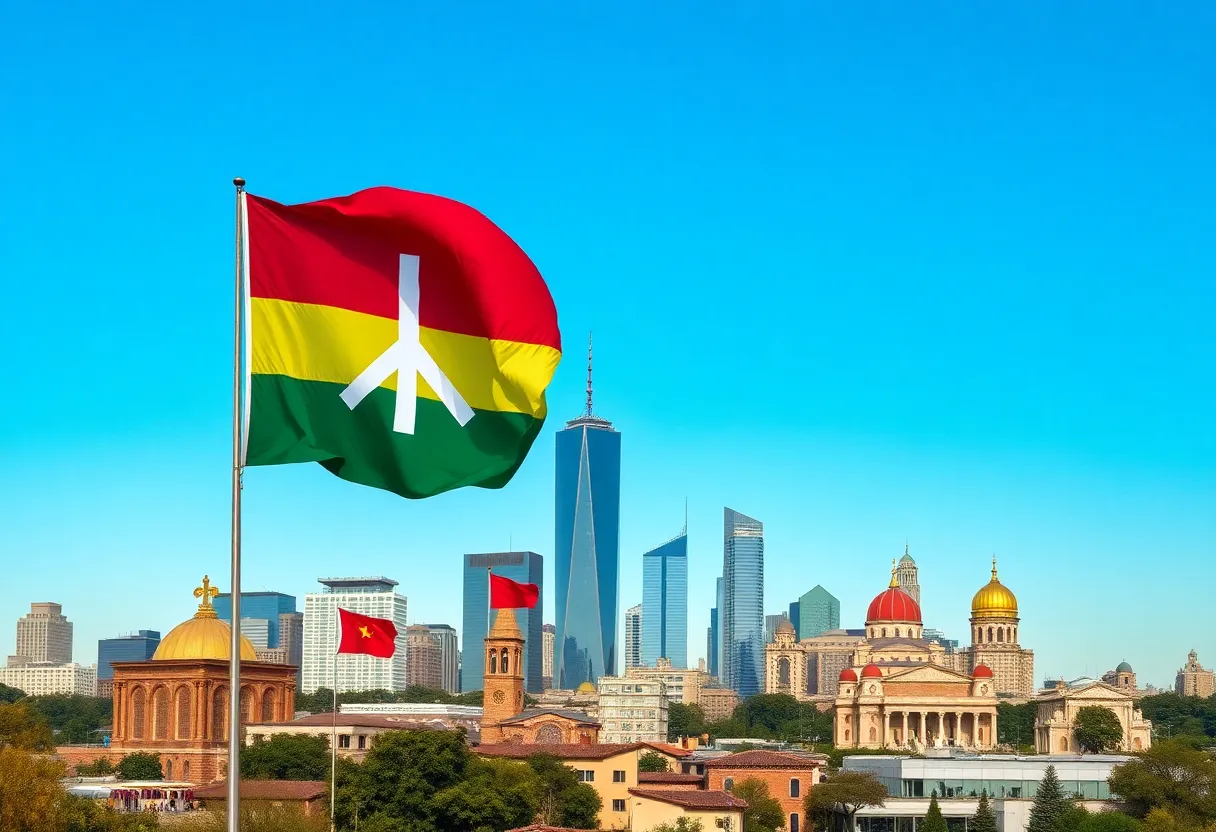 A skyline view of New York City with symbols of religious harmony