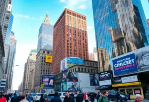 New York City skyline with political advertisement banners
